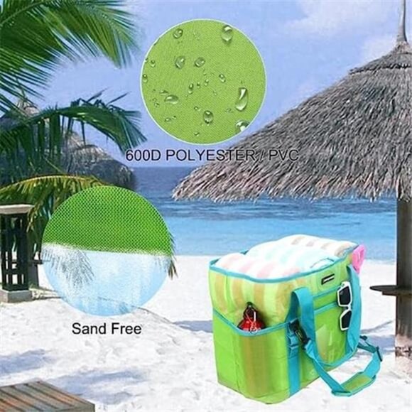Mesh Beach Bag 40L Large with 9 Pockets Bag Green - Picture 6 of 6